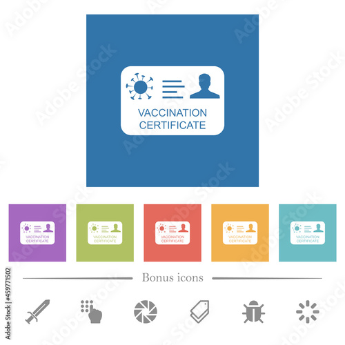 Vaccination certificate flat white icons in square backgrounds
