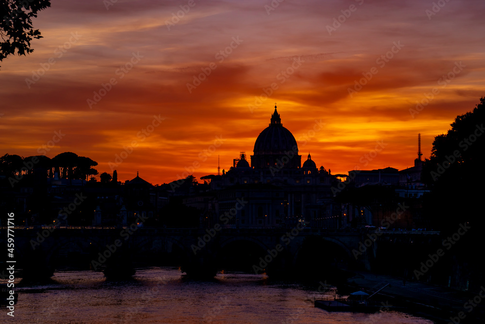 Sunset view at Saint Peter Basilica in Vatican City, Rome
