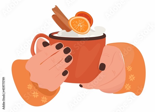 Vector autumn card with hot cup with cream, marshmallow, clove spice and cinnamon. Flat cartoon illustration of hand holding mug of coffee or tea.