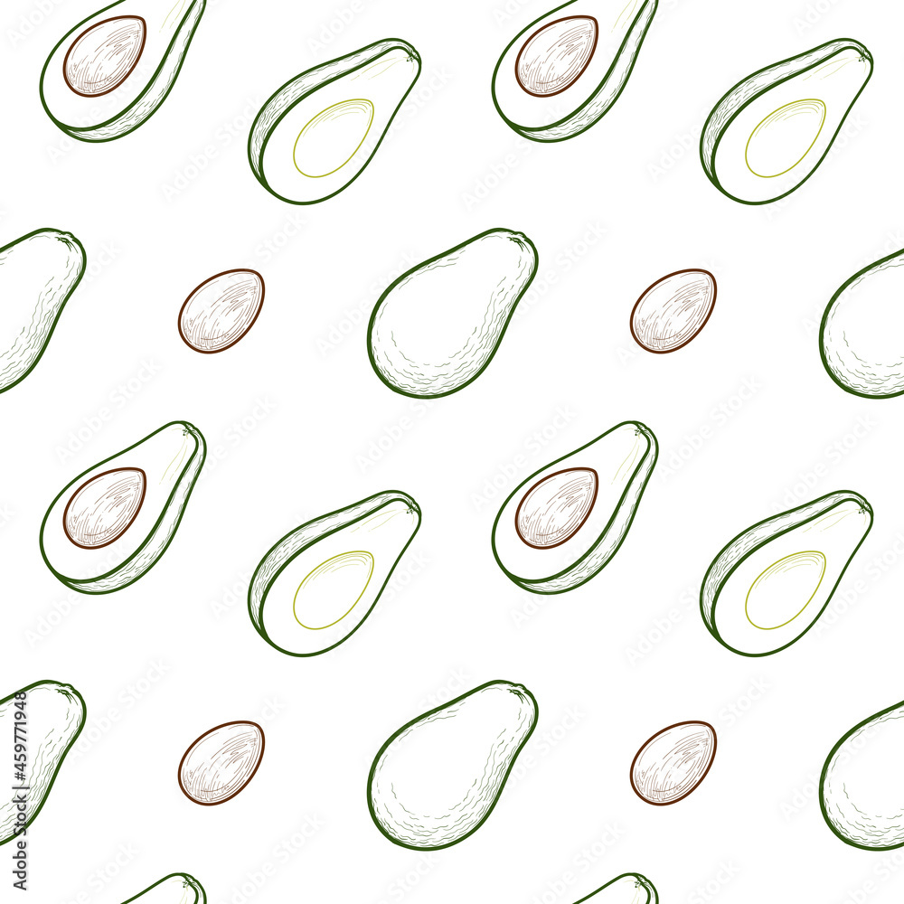 Avocado, seamless vector pattern. Whole avocado, cut in half avocado. Vector illustration, isolated on a white background. Avocado, seamless vector pattern. Whole avocado, cut in half avocado. Vector illustration, isolated on a white background.