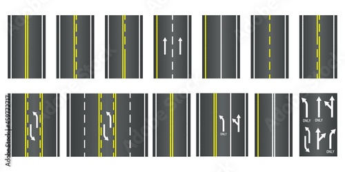 Roads with various white and yellow markings on a white background. Set of  Seamless Road Types. Highway Top View. Vector Illustration