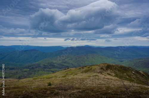 Fototapeta Naklejka Na Ścianę i Meble -  A large cloud found during hiking on the trail between Rozsypaniec and Halicz in Bieszczady Mountains, Poland. 