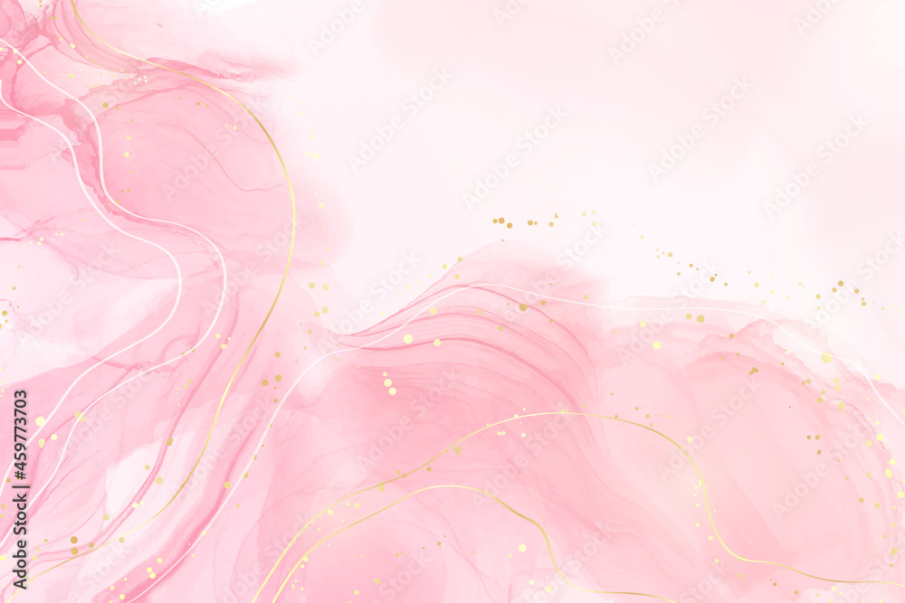 Pastel rose pink liquid watercolor background with golden cracks. Blush marble alcohol ink drawing effect. Vector illustration design template for wedding invitation, menu, rsvp Pastel rose pink liquid watercolor background with golden cracks. Blush marble alcohol ink drawing effect. Vector illustration design template for wedding invitation, menu, rsvp