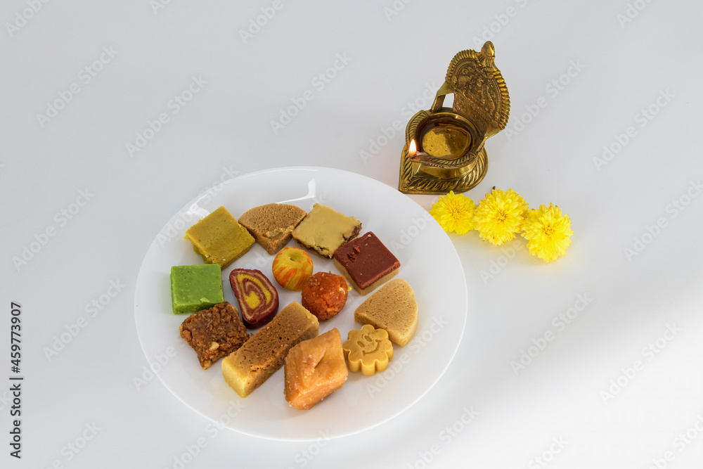 Selective focused , Indian Diwali Sweets plater, traditional sweets ...