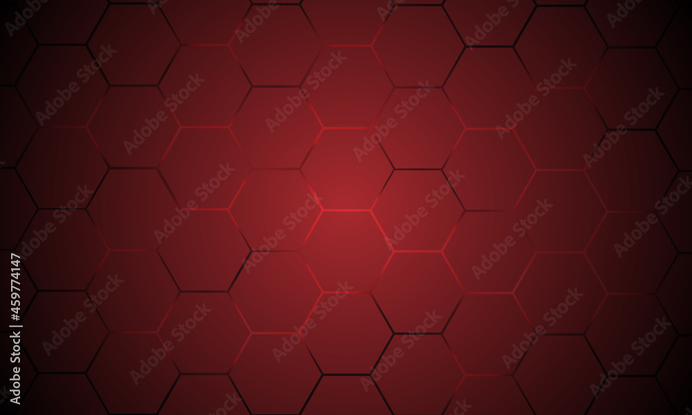 Dark red hexagonal technology vector abstract background. Red bright energy flashes under hexagon in modern technology futuristic background vector illustration. Dark honeycomb texture grid. Dark red hexagonal technology vector abstract background. Red bright energy flashes under hexagon in modern technology futuristic background vector illustration. Dark honeycomb texture grid.