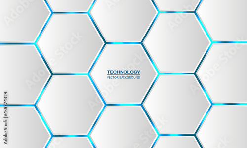 White 3d hexagonal technology vector abstract background. Blue bright energy flashes under hexagon in modern technology futuristic background vector illustration. White honeycomb texture grid.