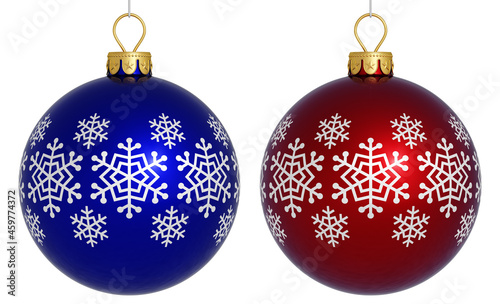Christmas balls in a row isolated on white. Red and blue balls collection. USA. America. White snowflakes. Template for Christmas banner, cards or poster. Holiday decor. 3D render. Isolated. Pattern.