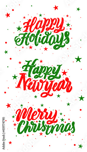 'Happy Holidays', 'Merry Christmas' Vector typography. Lettering Calligraphy Collections. Hand Drawn Typography Headlines Set for Greeting Cards, Print, Posters. Vector illustrations. 