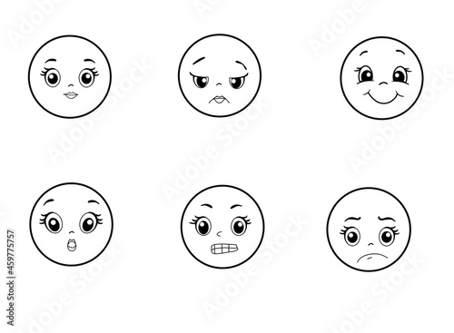 Set of rating emotion faces. White background. Emoticon cartoon emojis : Calm, sad, cheerful, irritated, resentful, agitated. Vector illustration.