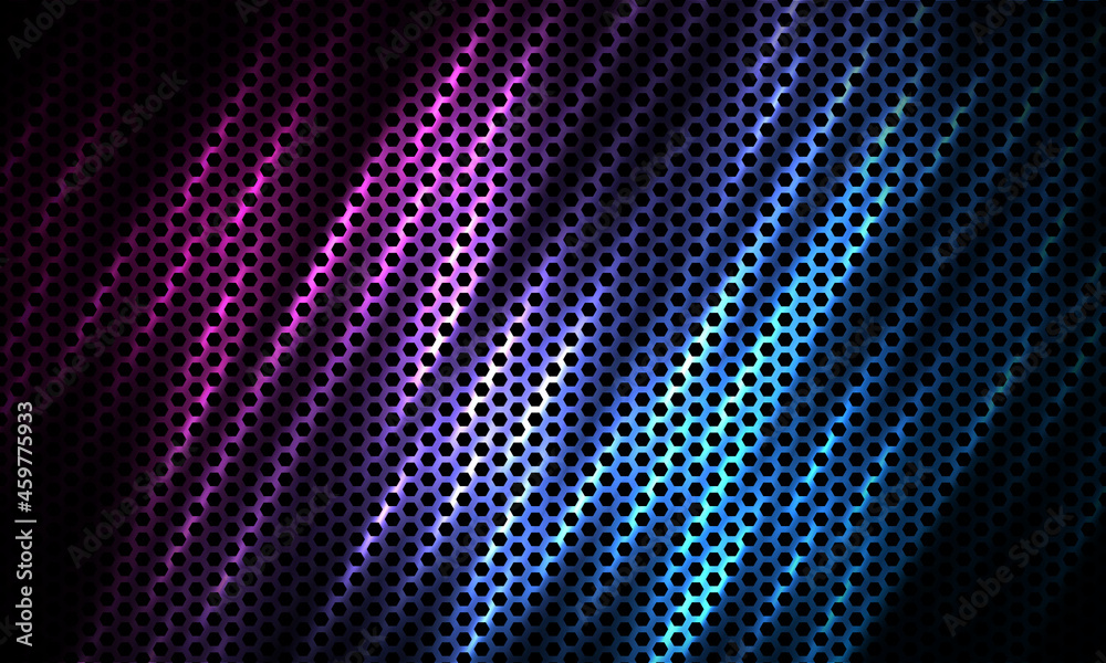 Dark hexagon tech colorful sport background with carbon fiber. Technology honeycomb abstract vector background with blue and pink colored bright flashes. Hexagonal gaming background.