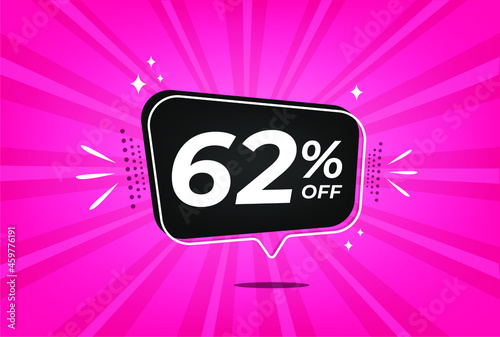 62 percent discount. Pink banner with floating balloon for promotions and offers.