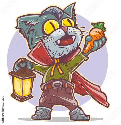 Cartoon funny spooky vampire cat in cape with canines holding carrot and lamp. Halloween vector on violet background.
