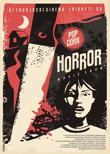 Horror movies poster template with young victim girl and bloody killers knife blade. Retro cinema event for horror and mystery films. Vector noir illustration. 