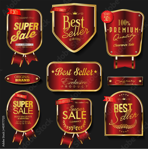 Gold and red collection of badges and labels