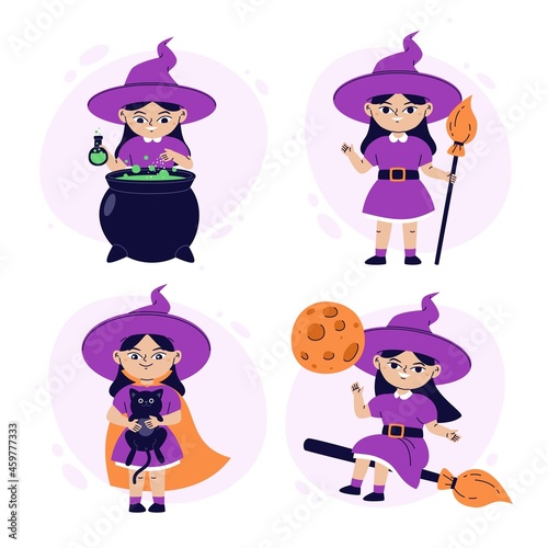 hand drawn flat halloween witches collection vector design illustration