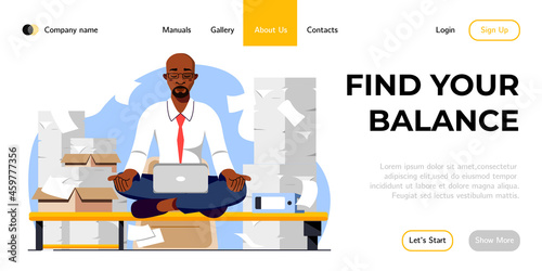 Stress management landing page design. Businessman meditates in the office, balancing work and life responsibilities. Healthy lifestyle and Balanced work management web page vector design.