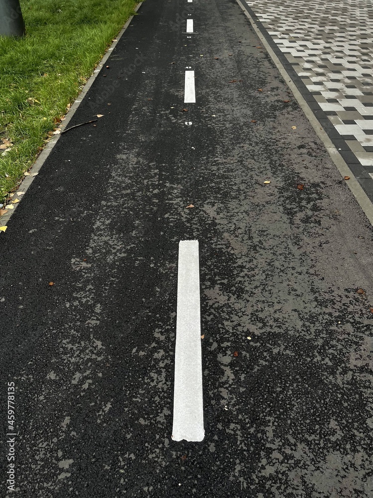 Fototapeta premium Vertical top view shot of a wet cycle lane outdoors in the autumn