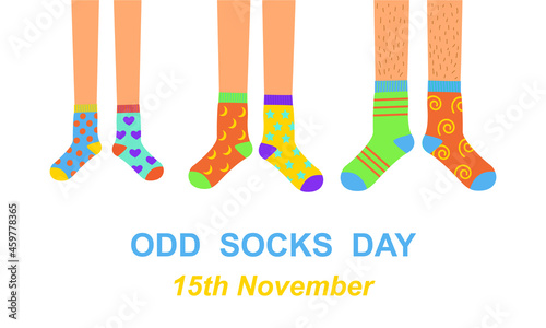 Odd socks day anti bullying week banner. Man, woman, and children feet in different colorful crazy socks. Vector flat illustration. photo