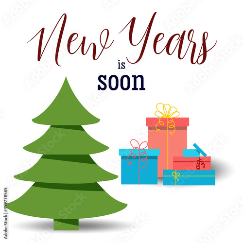 New Years is soon. Christmas tree and gifts on a white background. Vector illustration.