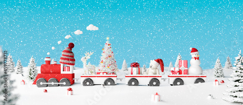 Winter holidays background with gifts, reindeer, snowman and fir tree. Red train and white wagons filled with Christmas decorations 3D Render 3D illustration