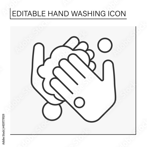 Palm washing line icon. Cleaning palms. Froth soap in hands. Disinfection.Hygiena concept. Isolated vector illustration. Editable stroke