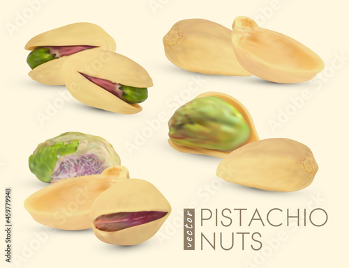 Vector pistache nuts without shell. Realistic 3d kernel. Green pistachio isolated on white background. 3d snack illustration.