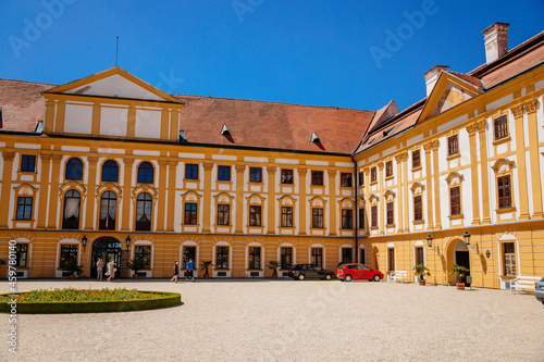 Jaromerice nad Rokytnou, Bohemia, Czech Republic, 06 July 2021: Baroque romantic chateau with park, medieval renaissance castle at summer sunny day, geometrically trimmed green bushes in garden © AnnaRudnitskaya