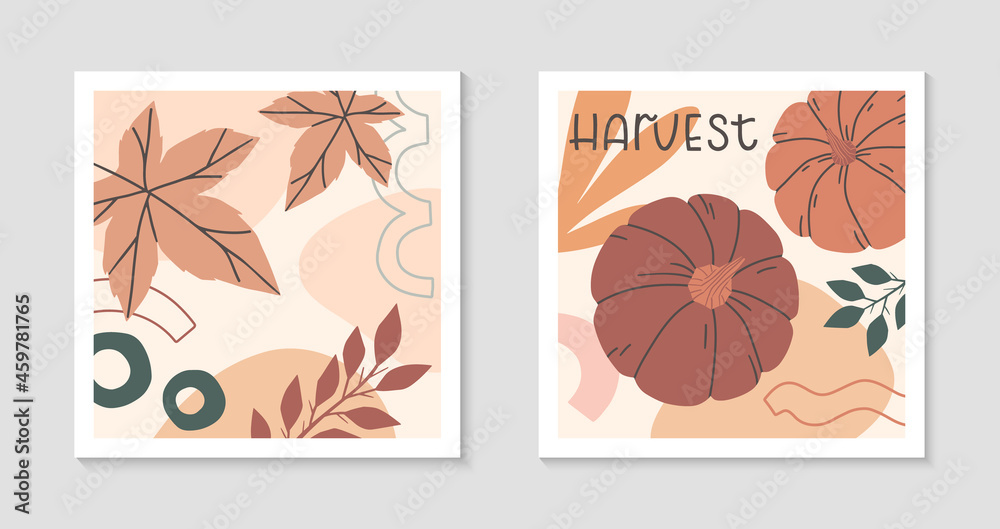 Set of autumn harvest fest abstract decorative prints with pumpkins,organic various shapes,maple foliage.Modern local food fest design.Agricultural fair.Trendy fall seasonal vector illustrations.