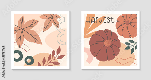 Set of autumn harvest fest abstract decorative prints with pumpkins,organic various shapes,maple foliage.Modern local food fest design.Agricultural fair.Trendy fall seasonal vector illustrations.
