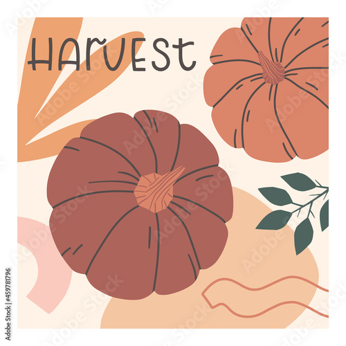 Autumn harvest fest abstract decorative print with pumpkins,organic various shapes,foliage.Modern local food fest design.Agricultural fair.Harvest season vector illustration.