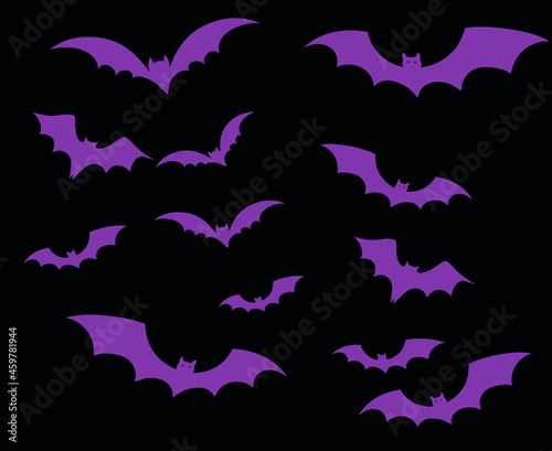 Bats Purple Objects Signs Symbols Vector Illustration With Black Background