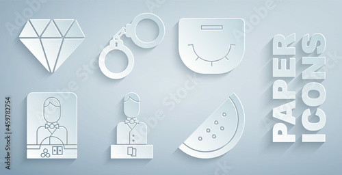 Set Casino dealer, Poker table, slot machine with watermelon, Handcuffs and Diamond icon. Vector