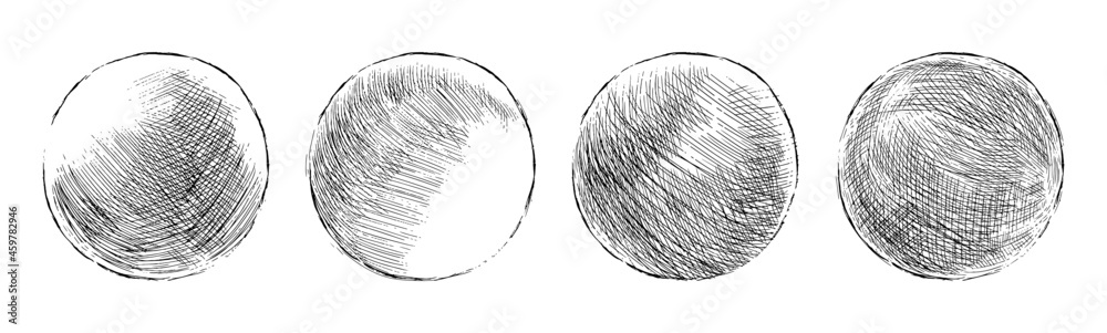 Hand drawn shaded spheres. Simple black pen and ink doodle sketches of ...