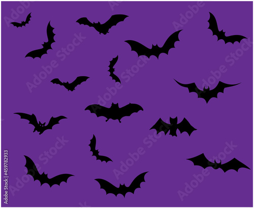 Bats Black Objects Signs Symbols Vector Illustration With Purple Background