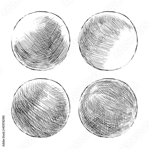 Hand drawn shaded spheres. Simple black pen and ink doodle sketches of circles with different types of shading texture. Shading tutorial, hand sketch design elements. Vector illustration.