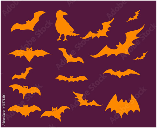 Bats Orange Objects Signs Symbols Vector Illustration With Purple Background