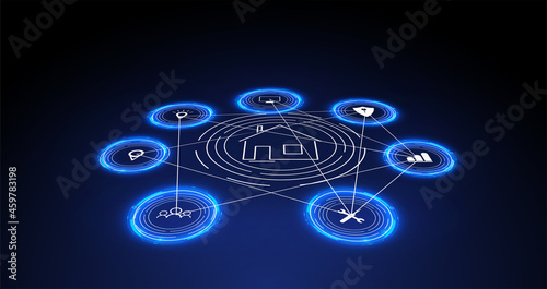 Internet of things (IoT) and networking concept for connected devices. Spider web of network connections with on a futuristic blue background. Digital design concept. IoT hologram