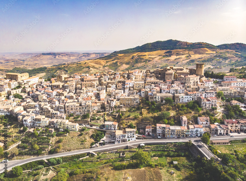 Tricarico town, Matera, basilicata region in southern Italy. Aerial view. vintage post production