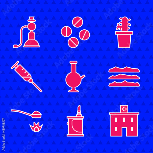Set Glass bong for smoking marijuana, Electronic cigarette, Medical hospital building, Cocaine heroin drug, Heroin spoon, Syringe, Cactus peyote pot and Hookah icon. Vector