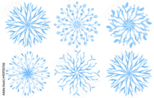 Set of 6 watercolor Snowflakes of different shapes. Elements for Winter design.