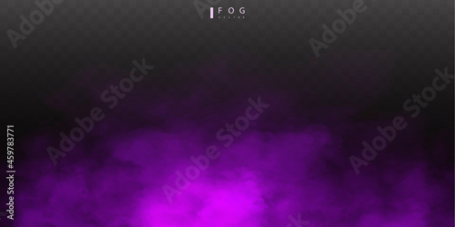 purple fog or smok. Realistic fog. Atmosphere mist effect and smoke clouds isolated on transparent background. Vector abstract cloud texture