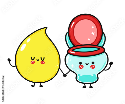 Cute, funny happy drop of urine and  toilet character. Vector hand drawn cartoon kawaii characters, illustration icon. Funny cartoon turd and drop of urine friends concept