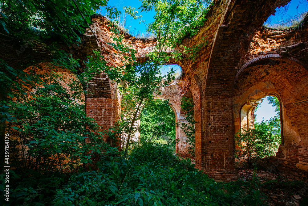 Old ancient abandoned red brick ruins overgrown by plants