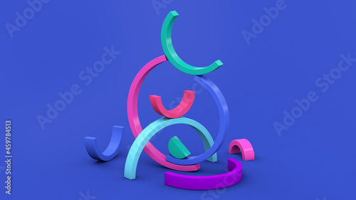 Colorful half circle shapes. Blue background. Abstract illustration, 3d render.