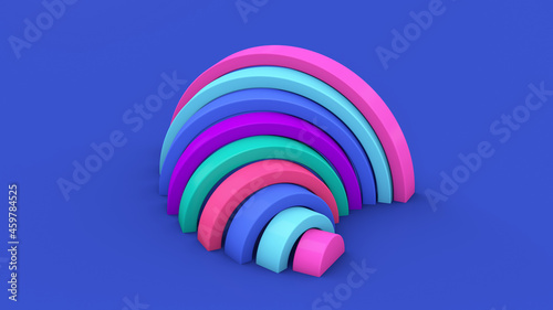 Colorful half circle shapes. Blue background. Abstract illustration, 3d render.