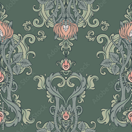Floral vintage seamless pattern for retro wallpapers. Enchanted Vintage Flowers. Arts and Crafts movement inspired. Design for wrapping paper, fabrics, fashion clothes in William Morris style