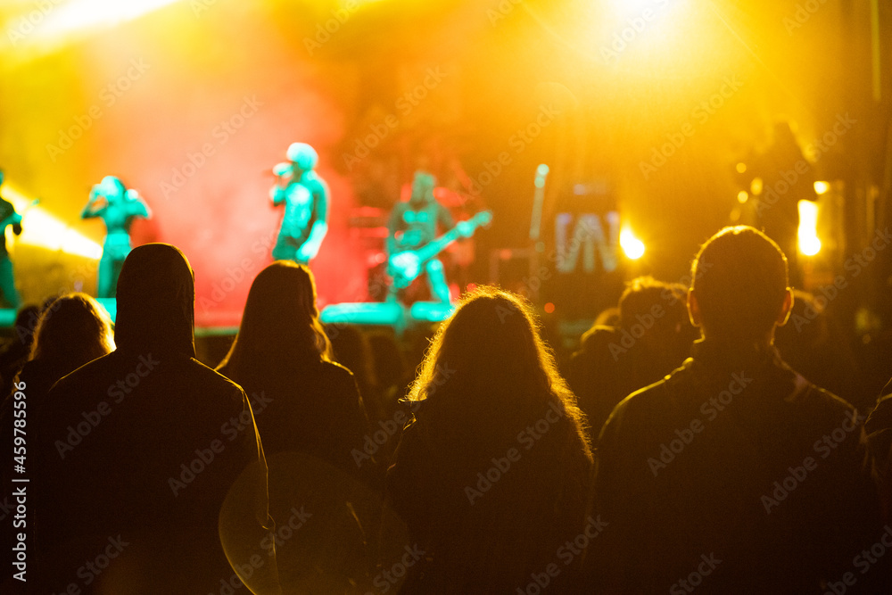 crowd at concert and silhouettes in stage lights