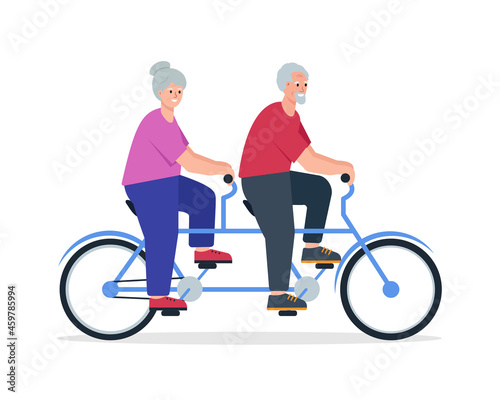 Smiling senior retired elderly couple ride tandem bike.