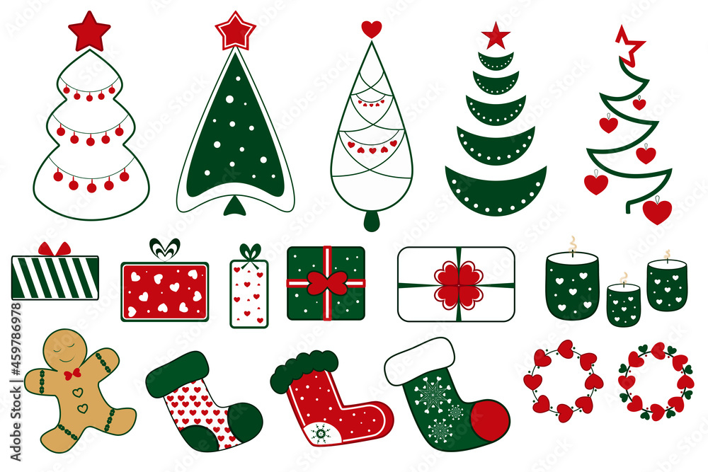 christmas icons set, Set of christmas elements, Christmas decorations, Christmas tree, gifts for decoration, New Year's mood, christmas trees and gingerbread house, vector illustration, page decoratio christmas icons set, Set of christmas elements, Christmas decorations, Christmas tree, gifts for decoration, New Year's mood, christmas trees and gingerbread house, vector illustration, page decoratio