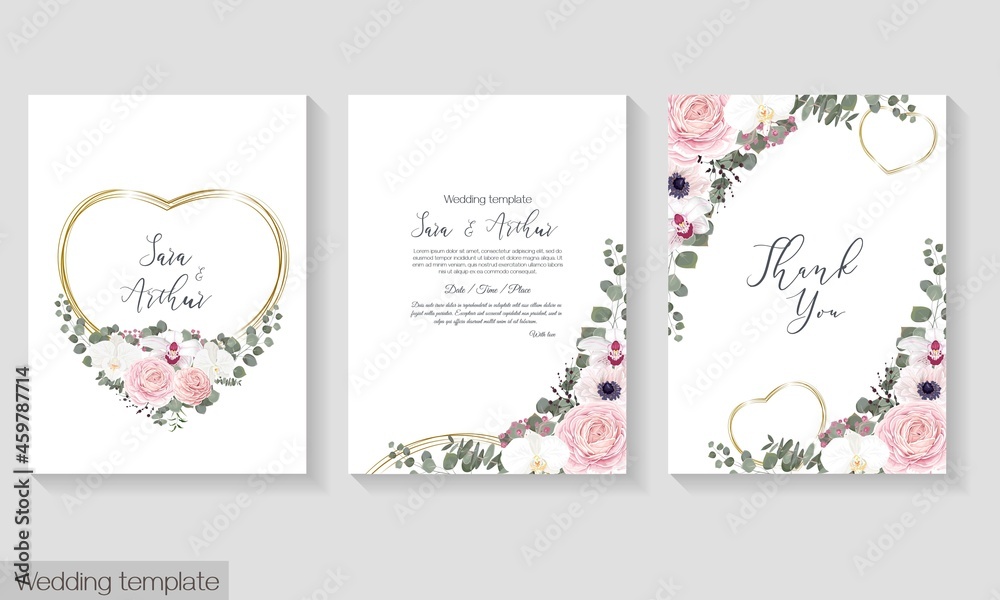 Vector floral template for wedding invitations. Pink roses, white orchids, berries, gypsophila, eucalyptus, heart shaped frame, green plants and flowers. Postcard for your text.